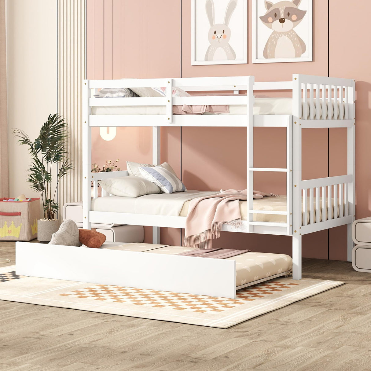 Bellemave Twin Over Twin Bunk Bed with Trundle,Convertible Bunk Beds with Ladder & Safety Guardrails,Twin Size Bunk Beds for Kids Girls Boys,White Bellemave