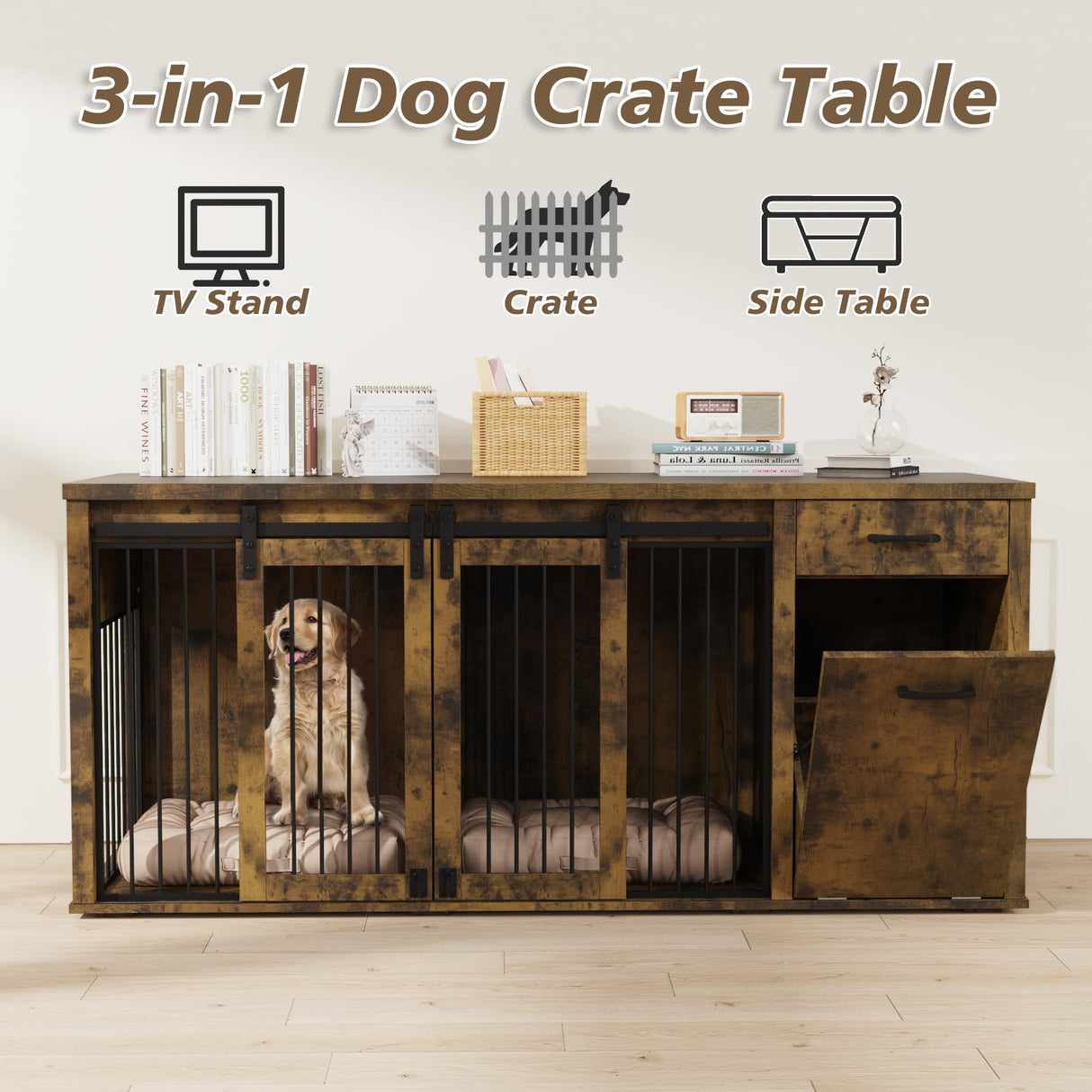 KIGOTY Furniture Style Dog Crate with Storage, 71 Inch Double Dog Crate for 2 Dogs, Wooden Large Dog Kennel with Drawers,Tilt Out Trash Cabinet,Divider and Sliding Doors (Rustic Brown) KIGOTY