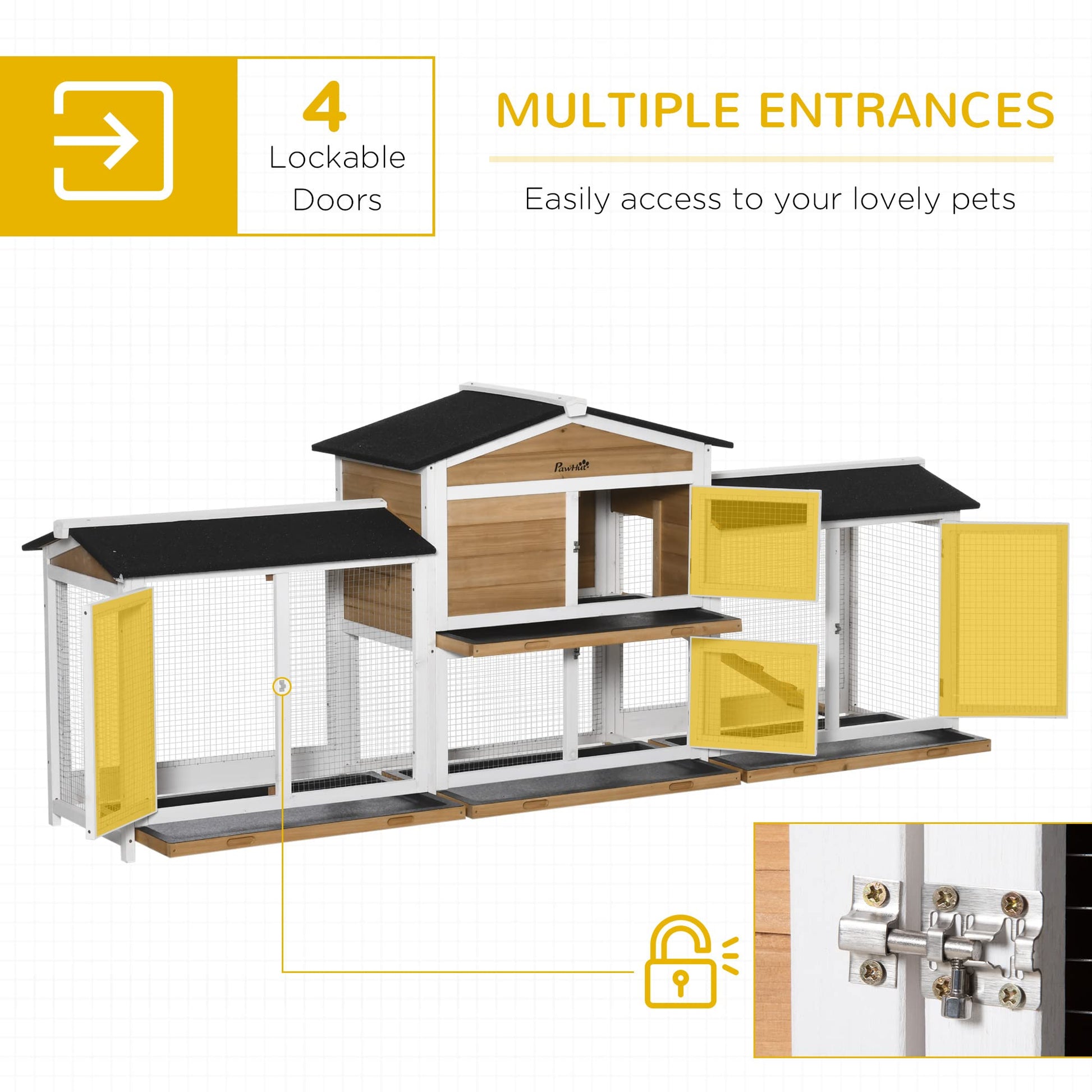 PawHut 90.5" Wooden Rabbit Hutch Bunny Cage Pet Playpen House Enclosure with Double Side Run Boxes, No Leak Tray, Ramp, for Guinea Pig and Small Animals, White - WoodArtSupply