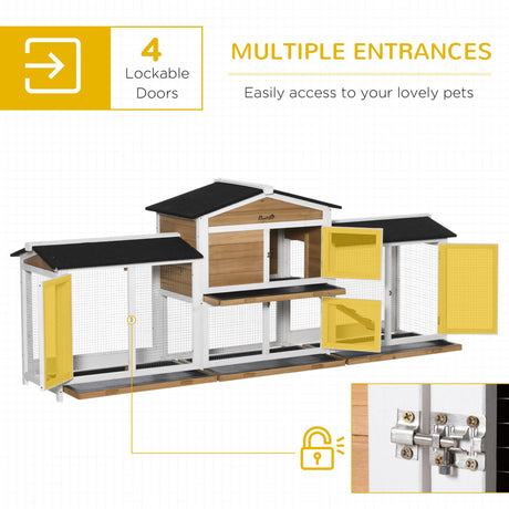 PawHut 90.5" Wooden Rabbit Hutch Bunny Cage Pet Playpen House Enclosure with Double Side Run Boxes, No Leak Tray, Ramp, for Guinea Pig and Small Animals, White PawHut