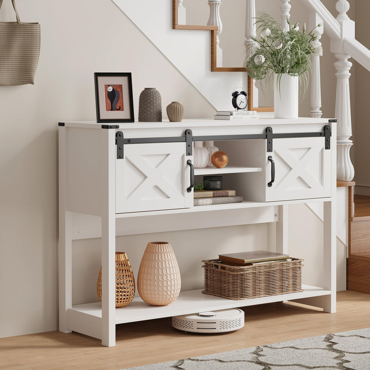 FansaFurn Console Table with Storage Shelf & Sliding Barn Door, Farmhouse Entryway Table with Storage, 46" Narrow Long Sofa, Behind Couch, Console Tables for Living Room (White) FansaFurn