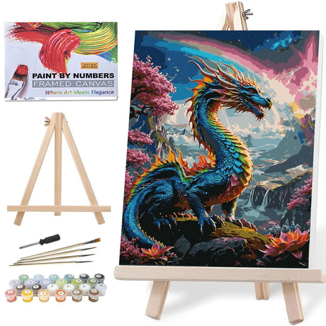Lovepefe Dragon Paint by Numbers Kit for Adults Beginner with Framed Colourful Dragons Paint by Number Kits Acrylic On Canvas Easy Oil Painting Kit for Gift Home Wall Decor 12x16 Inch Lovepefe