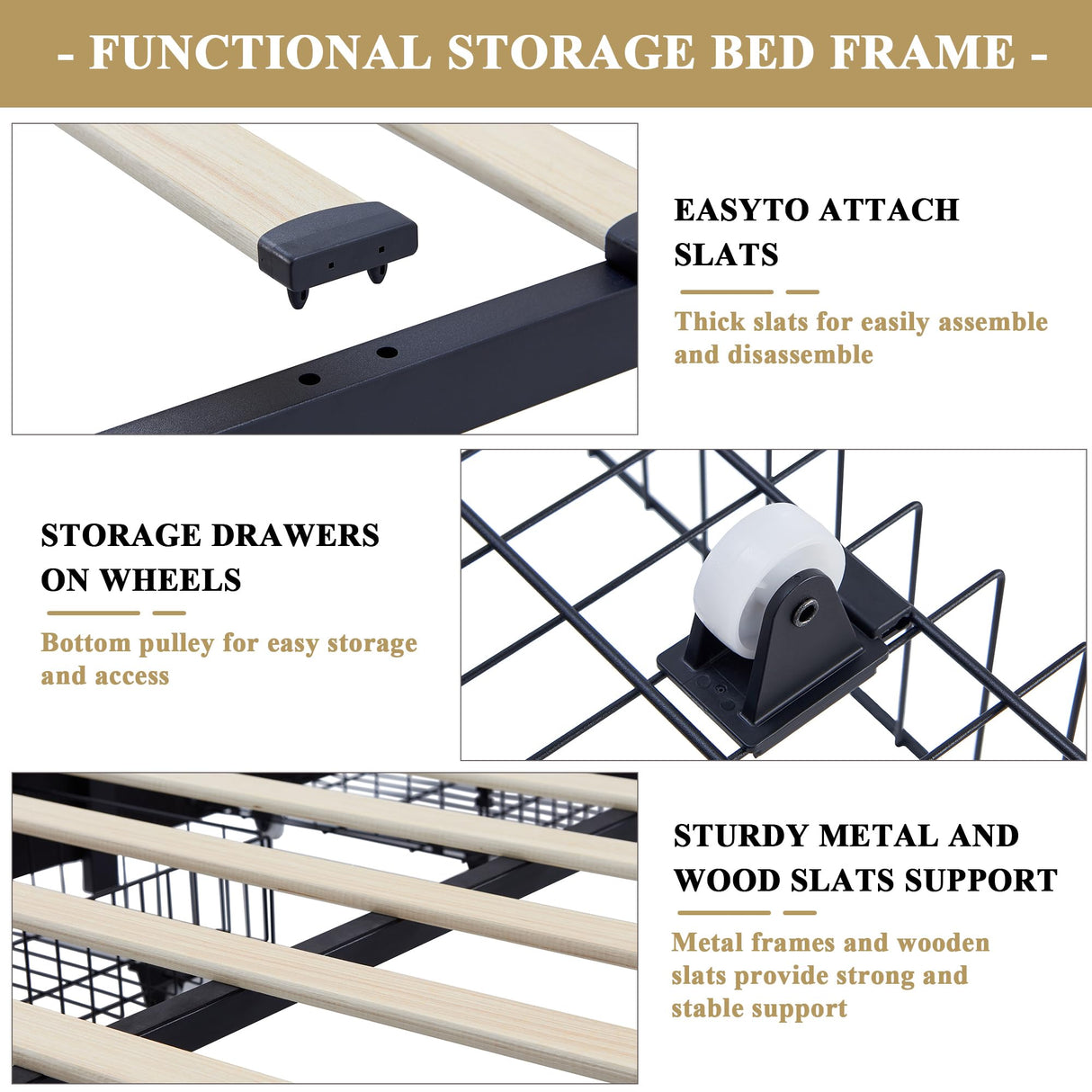 VECELO Queen Size Upholstered Platform Bed Frame with 4 Storage Drawers, Adjustable Velvet Rivets Headboard, Wooden Slats Support, No Box Spring Needed, Easy Assembly VECELO