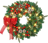 24In Prelit Christmas Wreath with 50 LED Lights, Large Christmas Wreath for Front Door Wreaths with Berries, Pine Cones for Door Fireplace Window Mantle Christmas Decoration Beinhome