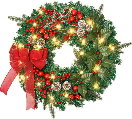 24In Prelit Christmas Wreath with 50 LED Lights, Large Christmas Wreath for Front Door Wreaths with Berries, Pine Cones for Door Fireplace Window Mantle Christmas Decoration