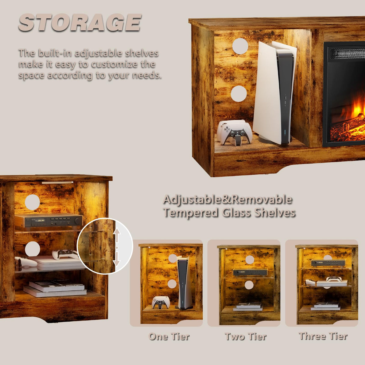 LEMBERI 58 Inches Fireplace TV Stand for TVs up to 65 Inches Console with 18'' Electric Fireplace & Remote, Wooden Modern Entertainment Center for Living Room with LED Light Glass Shelves (Brown) LEMBERI