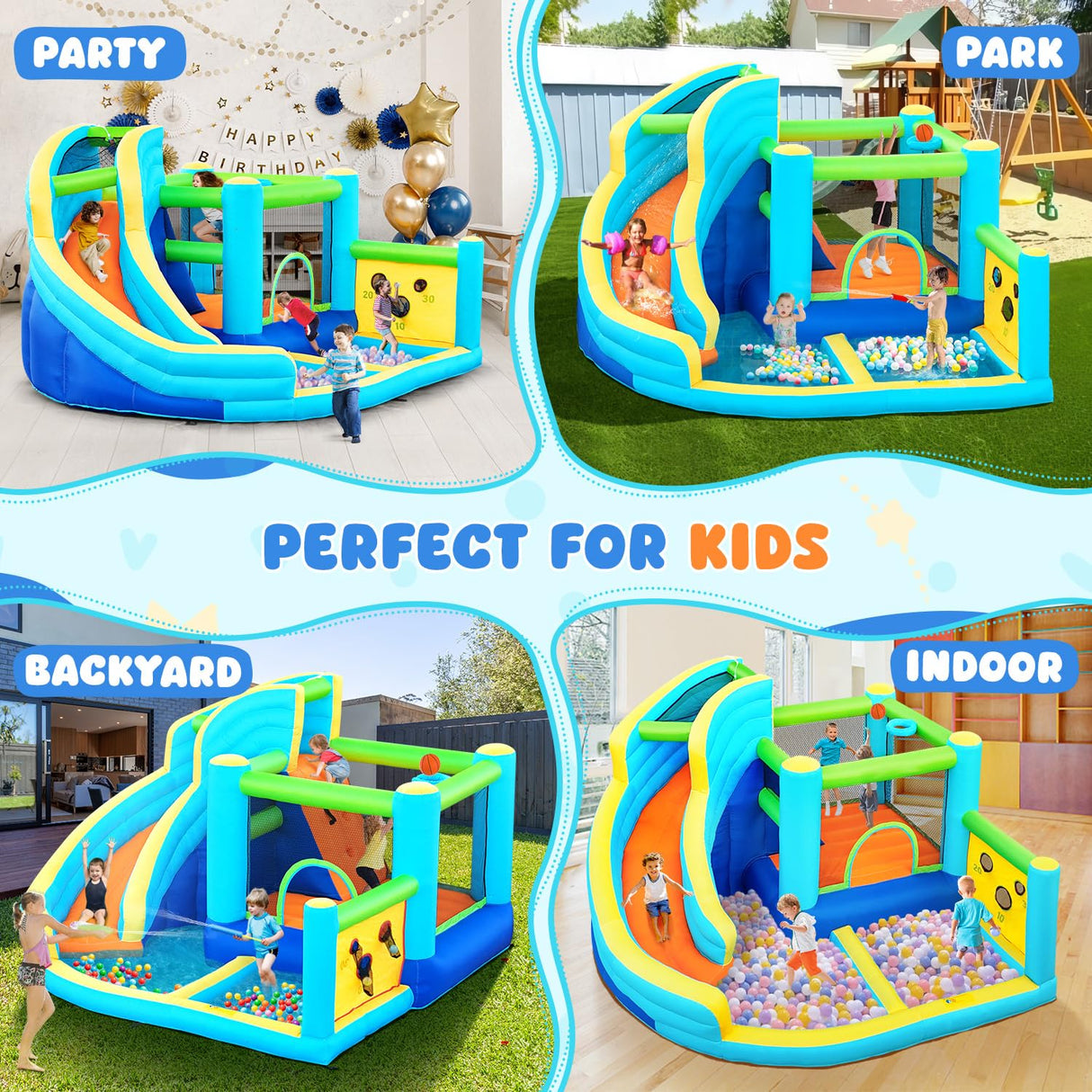 FBSPORT Inflatable Bounce House, Water Slide Park Slide Bouncer with Ball Shooting, Climbing Wall, Jumping and Splash Pool, Kids Bouncy Castle with 450W Air Blower for Outdoor Backyard FBSPORT