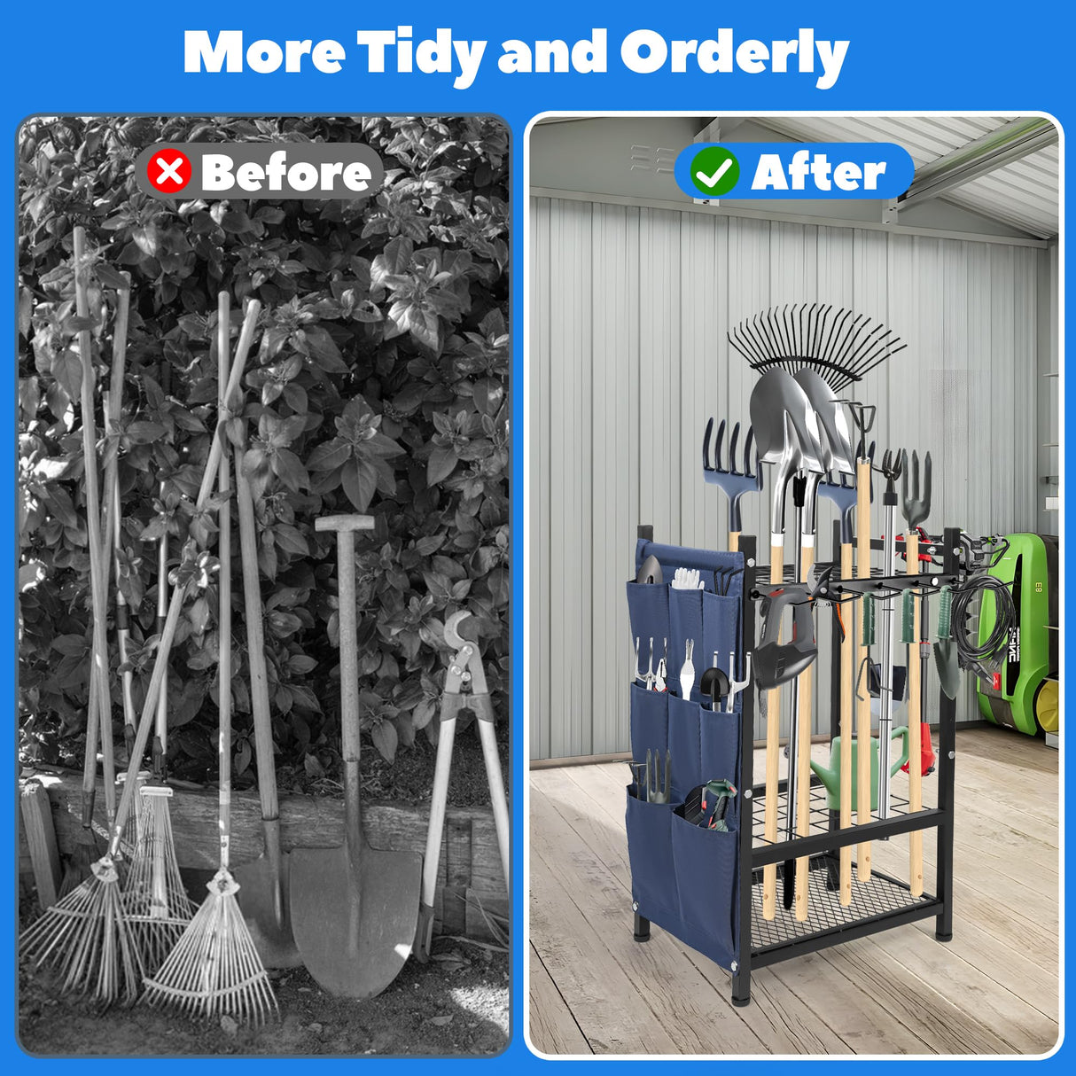 SAMRELAX Garden Tool Rack Freestanding, Heavy Duty Garden Tool Organizer, 3-tier Tool Rack, Multifunctional Yard Tool Storage with Hooks and Storage pockets for Outdoor Long-Handled Broom Shovel Rake SAMRELAX