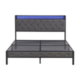 HBRR Modern Queen Size Upholstered Bed Frame with Storage Headboard, LED Lights, and Charging Station in Dark Gray HBRR