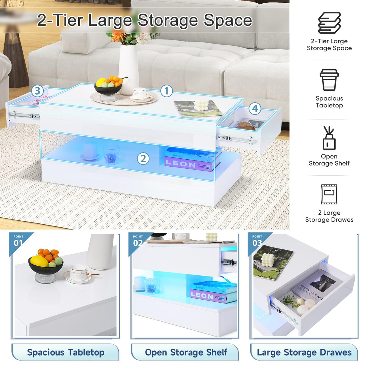 Verano Garden Modern High Gloss LED Coffee Table with Storage, 2-Tier Center Table with Open Display Shelf & 2 Sliding Drawers, Rectangle Coffee Tables for Living Room, Bedroom, White Verano Garden