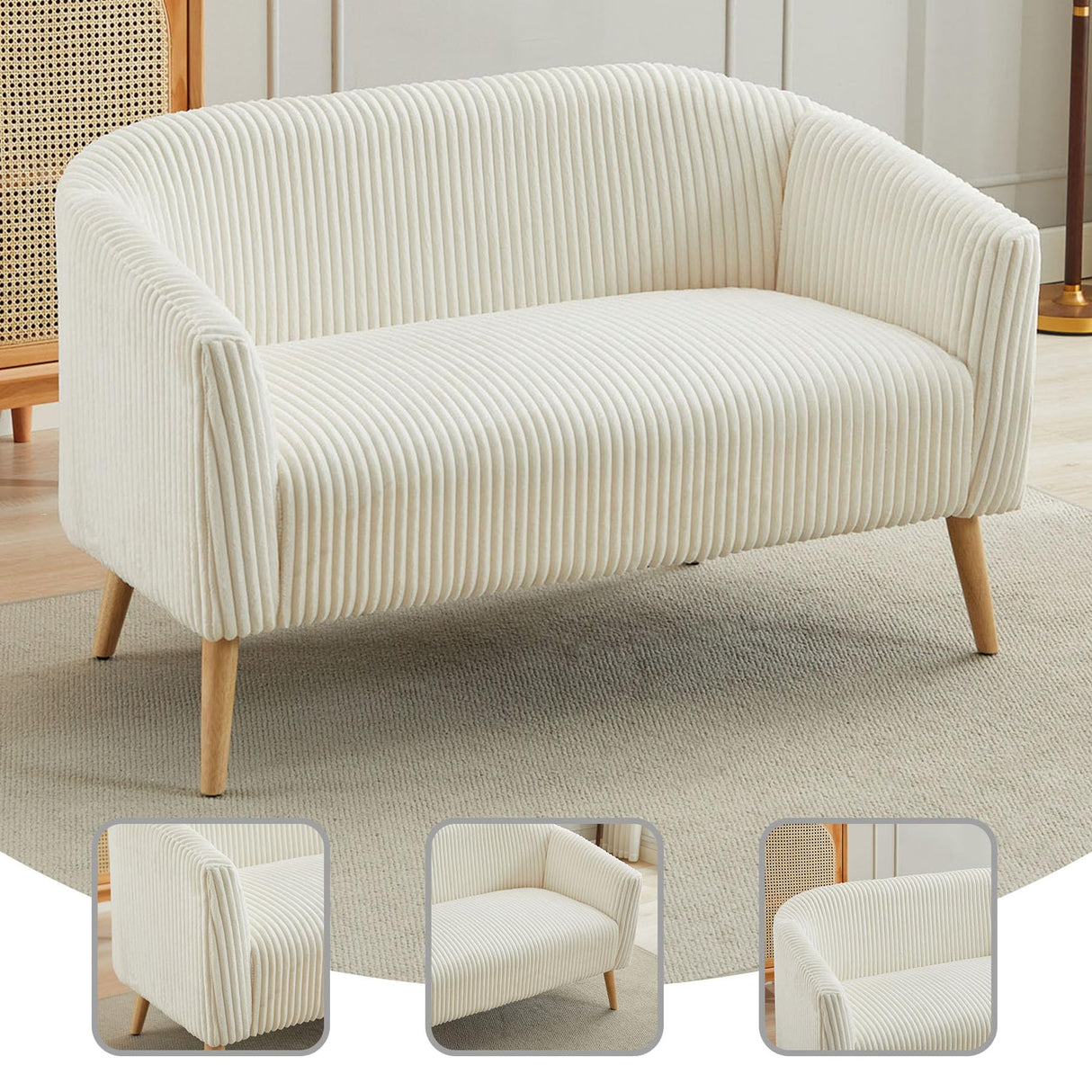 Nahenduo Corduroy Loveseat Sofa and Small Couch for Bedroom, 2 Seater Mini Couch for Small Rooms, 51" W Wood Legs, Comfy Foam+Spring (Ivory White) Nahenduo