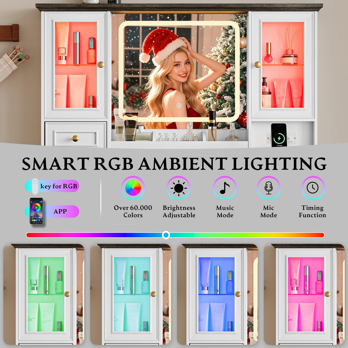 Vanity Desk with HD Lighted Mirror & Power Outlet, Farmhouse Makeup Vanity Table Set with Storage Drawers & RGB Cabinets, Large Dressing Table with 3 Lighting Modes for Women Girls Kids Bedroom, White Xixini