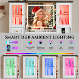 Vanity Desk with HD Lighted Mirror & Power Outlet, Farmhouse Makeup Vanity Table Set with Storage Drawers & RGB Cabinets, Large Dressing Table with 3 Lighting Modes for Women Girls Kids Bedroom, White Xixini