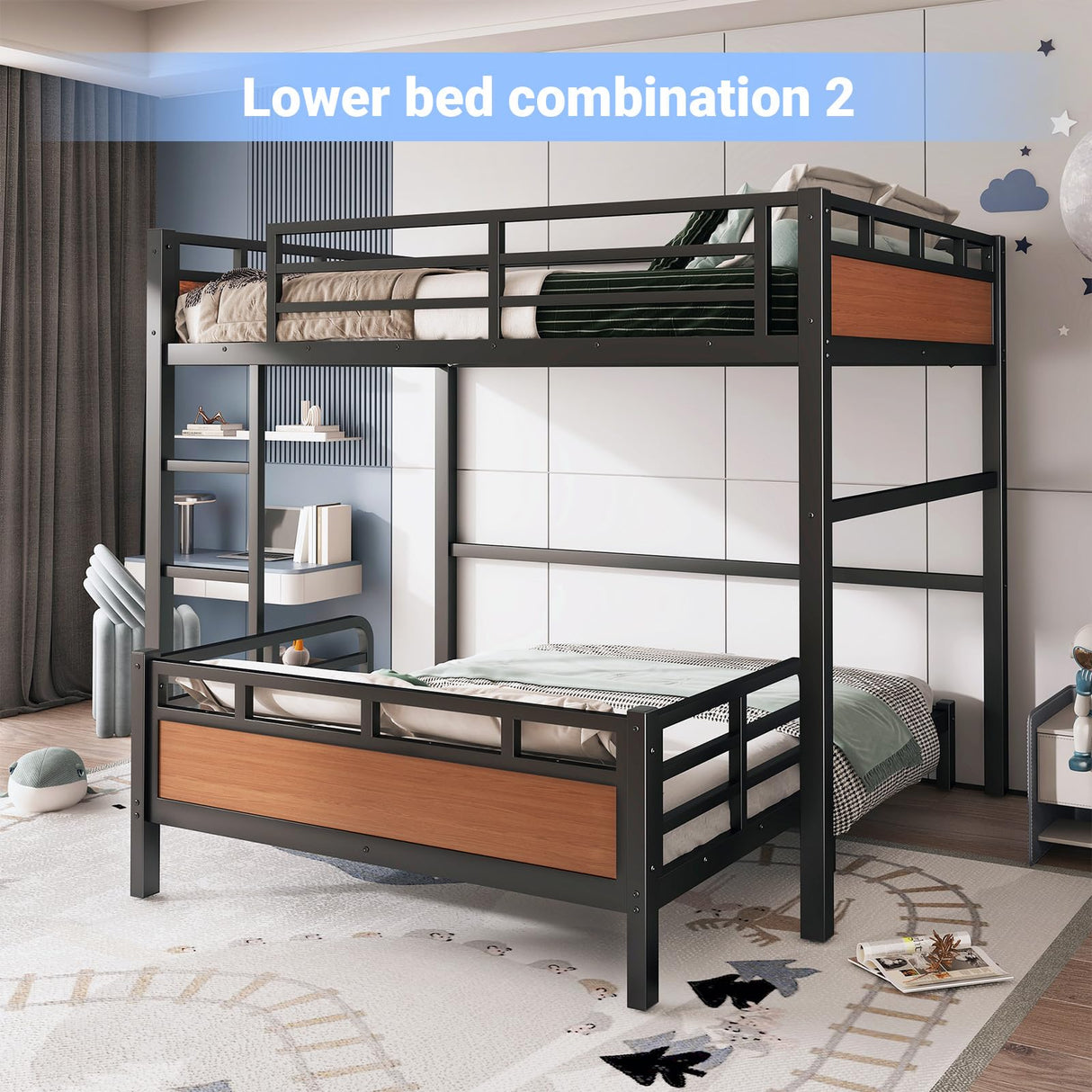 HKOLIE Full XL Over Full XL Bunk Bed, Convertible Metal Bunk Beds Can Separate into Loft Bed and Platform Bed, Heavy Duty Noise-Free Bed Frame with Safety Rails for Adults Teens Kids, Walnut HKOLIE