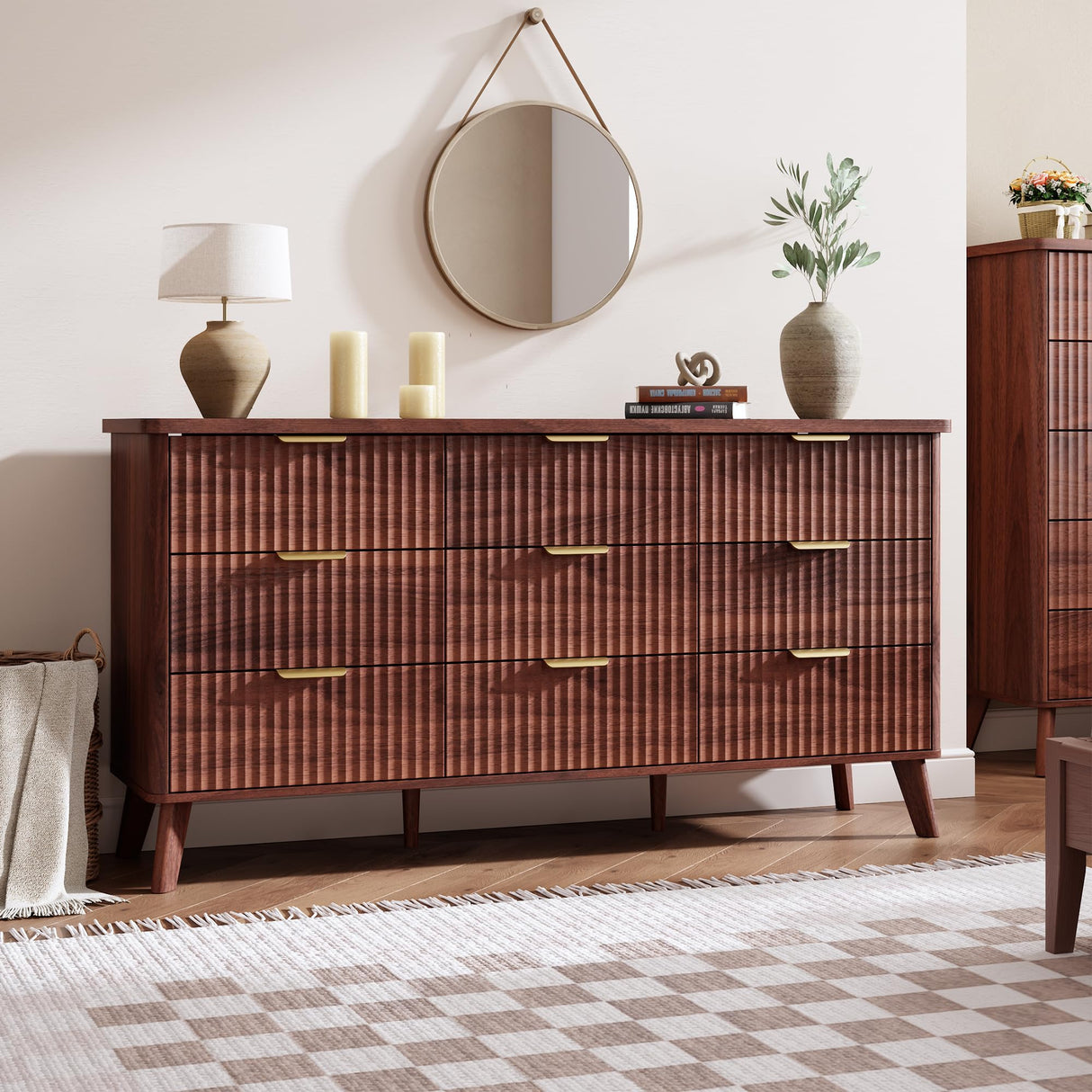 GarveeHome Fluted Dresser for Bedroom with 9 Deep Drawers, 60.6 in Wide Modern Chest of Drawers, Wooden Dresser TV Stand, Curved Profile Design, for Living Room, Kids Room, Hallway, Walnut GarveeHome