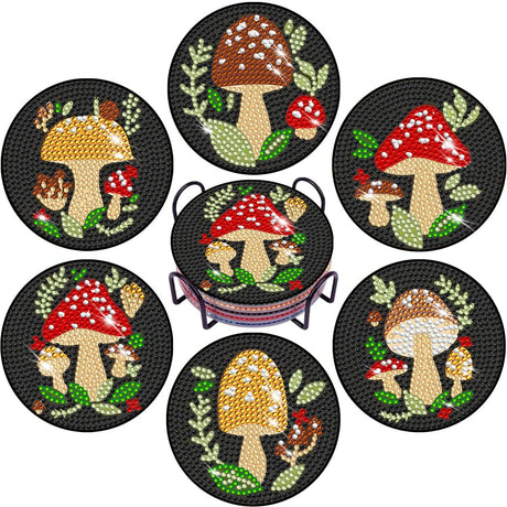 EWJRNSF 6 PCS Small Diamond Art Coasters Kits, Diamond Painting, Fall Diamond Art Kits for Adults Beginners, Arts and Crafts Item Sets with Holder for Drinks Mushroom EWJRNSF