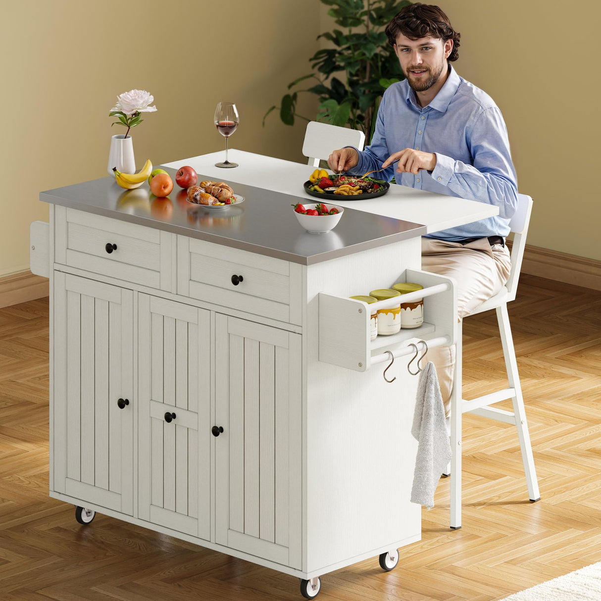 DWVO Kitchen Island with Seating, Mobile Kitchen Storage Island with Drop Leaf Countertop, Large Kitchen Island Table with Drawers, Cabinets, Bar Stools, Towel Rack and Spice Rack, White DWVO