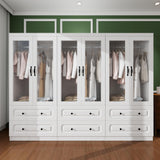 Nesbsakte White Armoire Wardrobe Closet with Glass Doors, 94.49" W x 20.47" Dx 70.87" H, 6 Drawers, Hanging Rod & Shelves, Modern Style, Large Capacity Storage, Bedroom Furniture(72-72-72) Nesbsakte