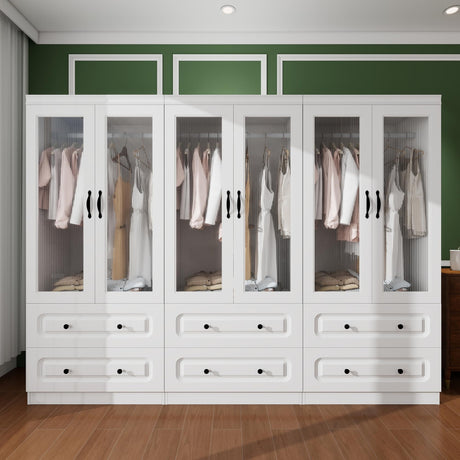 Nesbsakte White Armoire Wardrobe Closet with Glass Doors, 94.49" W x 20.47" Dx 70.87" H, 6 Drawers, Hanging Rod & Shelves, Modern Style, Large Capacity Storage, Bedroom Furniture(72-72-72) Nesbsakte
