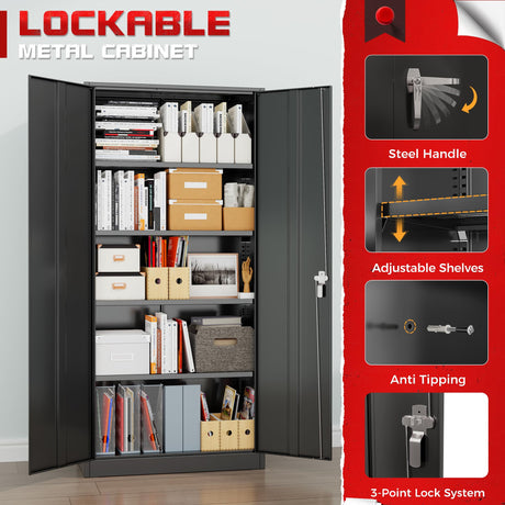Metal Storage Cabinet with Lock, 71" Tall Black Garage Cabinet with 2 Doors & 4 Adjustable Shelves, Lockable Steel File Cabinet for Home Office, Garage, School, Gym Pataku