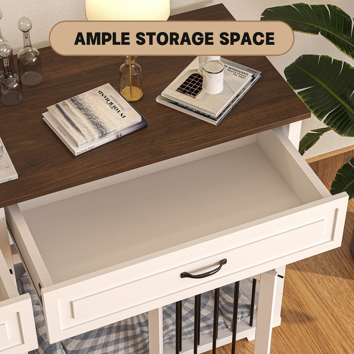 DAWNSPACES Furniture Style Dog Crate, 72" Large Wooden Dog Kennel with Drawers & Divider, Heavy Duty Indoor Dog Cage with Double Rooms for Large Medium Small Dogs, White DAWNSPACES