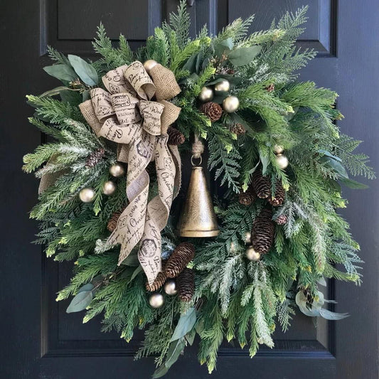 Wreath Christmas for Front Door Large Christmas Door Wreath with Bells Bow Tie Artificial Pine Bell Wreath Handmade Holiday Christmas Decorations for Indoor Outdoor (19.7 in)