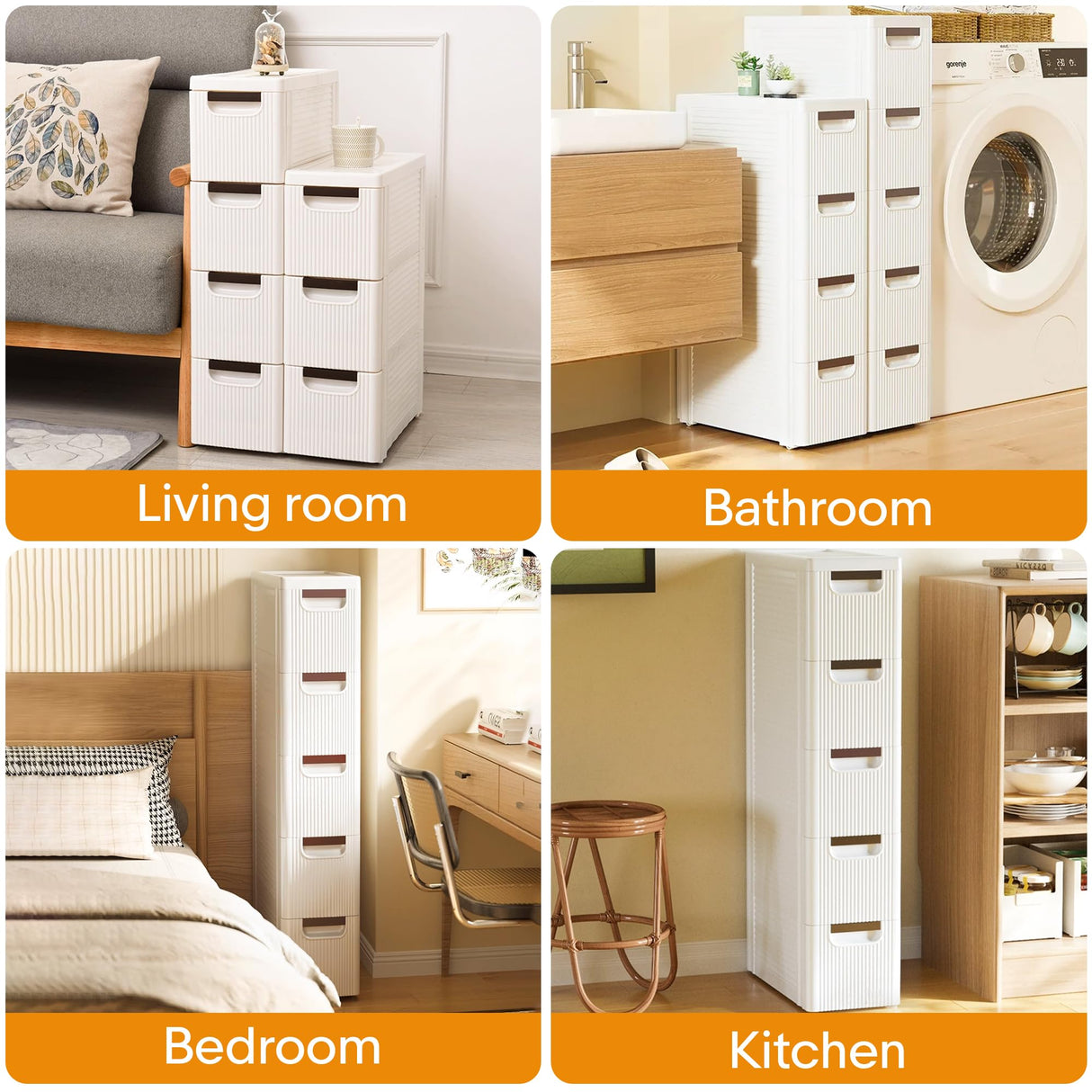 4 Drawers Slim Bathroom Storage Cabinet Dresser, Narrow Plastic Rolling Cart Organizer with Drawers, for Small Spaces, Kitchen, Laundry, Office, Bedroom, White YABORAS