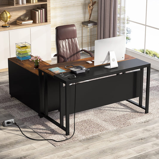 Tribesigns L-Shaped Computer Desk with Power Outlet and Drawer Cabinet, 55 inch Large Executive Office Desk Business Furniture with 40 inch Lateral File Cabinet Printer Stand for Home Office, - WoodArtSupply