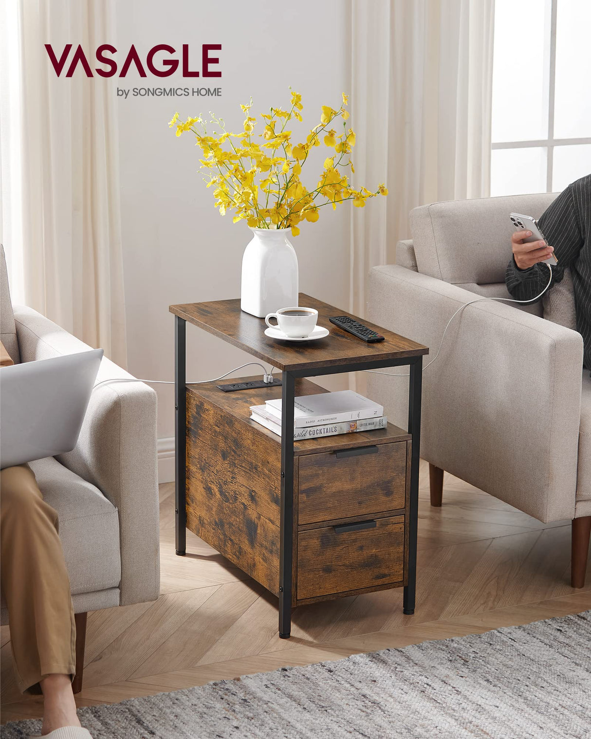 VASAGLE Side Table with Charging Station, Narrow End Table with 2 Drawers, Slim Nightstand and Bedside Table with Storage, for Small Spaces, Rustic Brown + Black VASAGLE