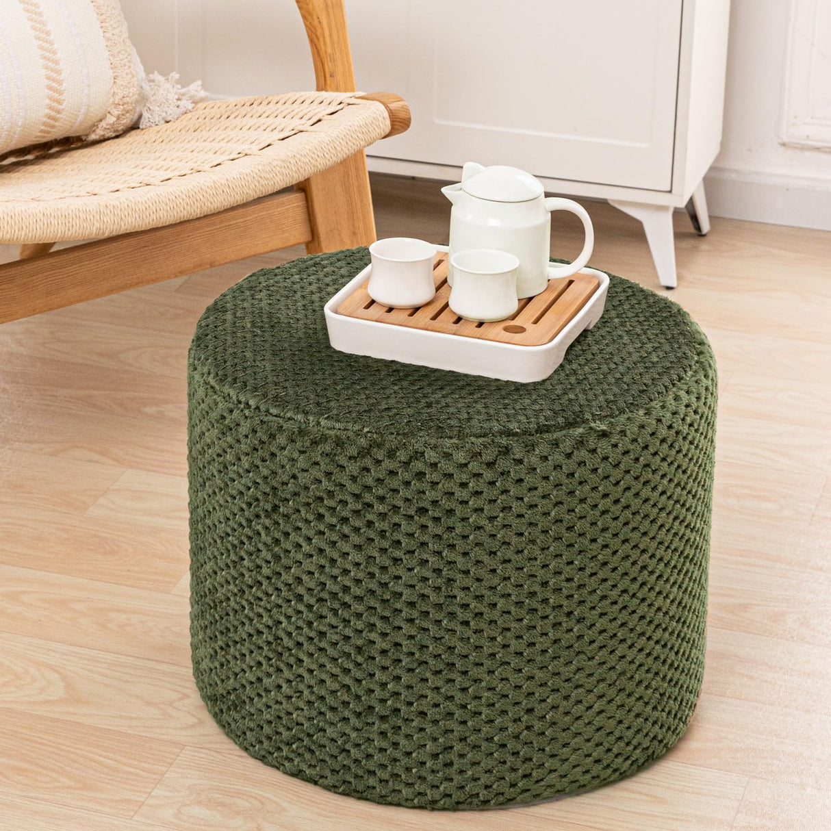 Ottoman Foot Rest Stuffed Round Boho Floor Poof Seating Armchair Foot Stool Floor Cushion Bean Bag Pouf Ottoman 18x18x14 Inch Forest Poofieotto