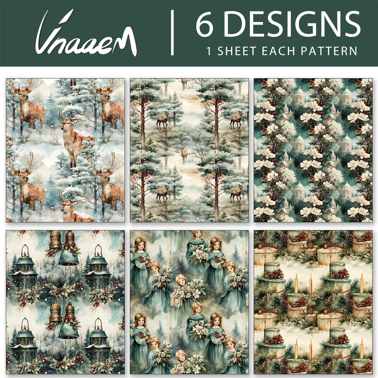 Vnaaem Watercolor Christmas Wrapping Paper 6 Style Reindeer Santa Forest and Flower Holiday Style Gift Wrap for Winter Party Vacation Baby Shower - 20 X 28 Inches 6 Folded Sheets Vnaaem