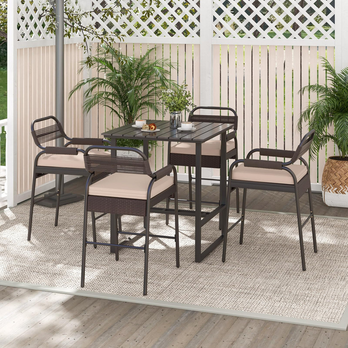 Tangkula 5-Piece Patio Rattan Bar Set, Counter Height Square Table with 4 Wicker Counter Stools, All-Weather Tabletop, Cushioned Outside Dining Set for Poolside, Backyard (Brown) Tangkula