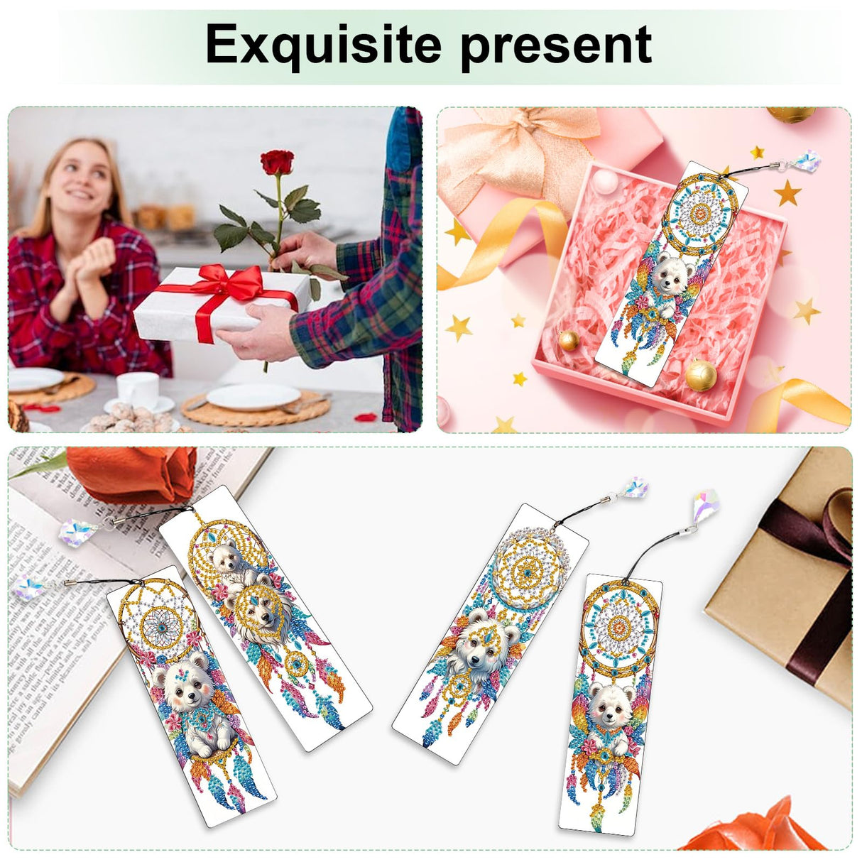 4 Pcs Diamond Painting Bookmarks, White Bear and Lion Dreamcatcher DIY Diamond Art Kits for Adults, Rhinestone Drill Crafts Bookmarks with Tassel for Graduation Birthday Gifts AiYuanzsh