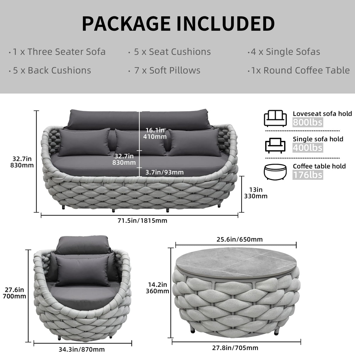 6-Piece Aluminum Patio Furniture Set, Modern Outdoor Conversation Set Sectional Sofa with Water Repellent Thick Cushions and Coffee Table for Balcony, Garden TWT