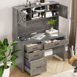 Farmhouse 67" H Executive Desk with Hutch, 4 Drawers and LED Light, Computer Desk with Storage Cabinet & File Drawers and Charging Station, Workstation for Home Office and Study. Befrases