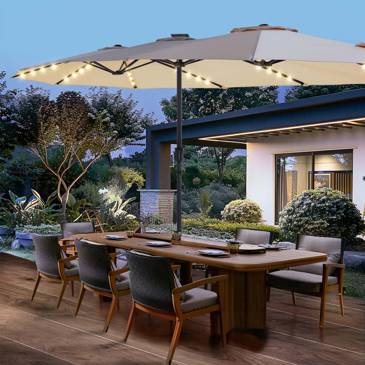 BLUU 15FT Solar LED Patio Umbrella with Base,Outdoor Double-Sided Umbrella with Crank Handle, Powerful UV Protective, for Pool Lawn Garden,Beige BLUU