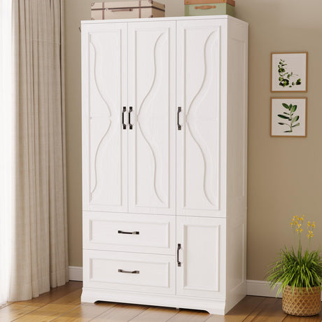 LIKIMIO Armoire Wardrobe Closet with 4 Doors and Drawers, Wardrobe Cabinet with Storage Shelves and Side Hooks, Clothing Storage Cabinet for Bedroom, White LIKIMIO