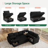HONBAY Modular Sectional Sleeper Sofa with Pull Out Bed, Velvet Convertible L Shaped Couch with Storage Seat, Sectional Couches for Living Room, Black HONBAY