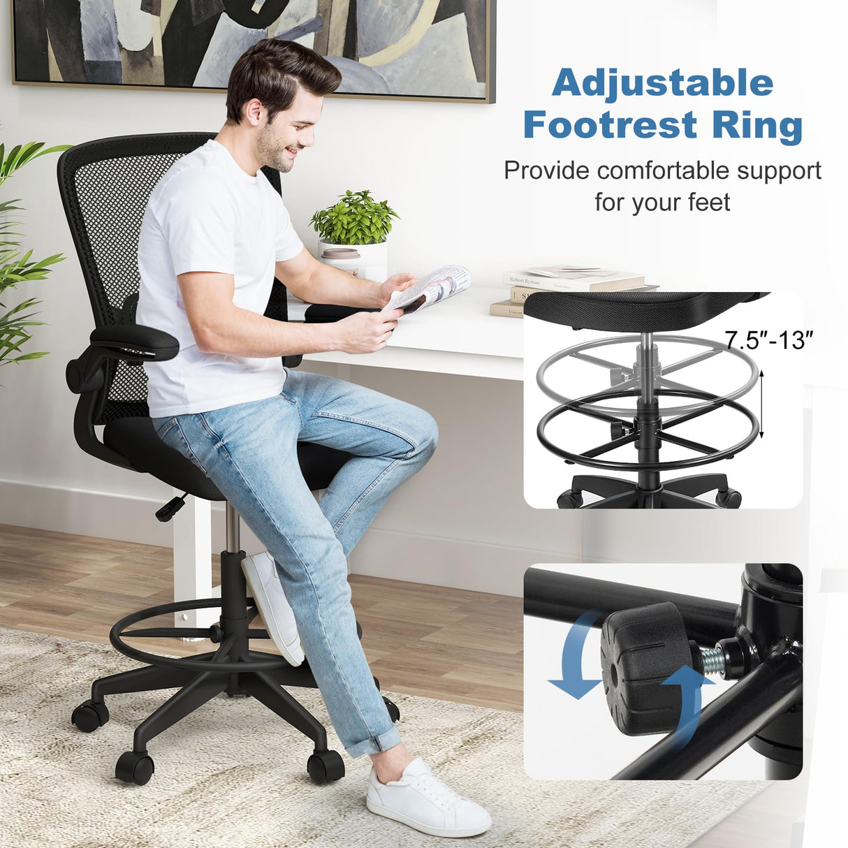 POWERSTONE Drafting Chair, Ergonomic Tall Office Chair Stool Standing Desk Chair with High Back and Flip-up Armrests Adjustable Rolling Workbench Stool with Footrest (Black 1 pcs) POWERSTONE