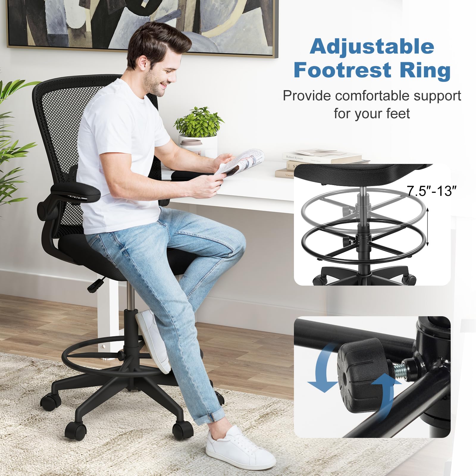 POWERSTONE Drafting Chair, Ergonomic Tall Office Chair Stool Standing Desk Chair with High Back and Flip-up Armrests Adjustable Rolling Workbench Stool with Footrest (Black 1 pcs) - WoodArtSupply