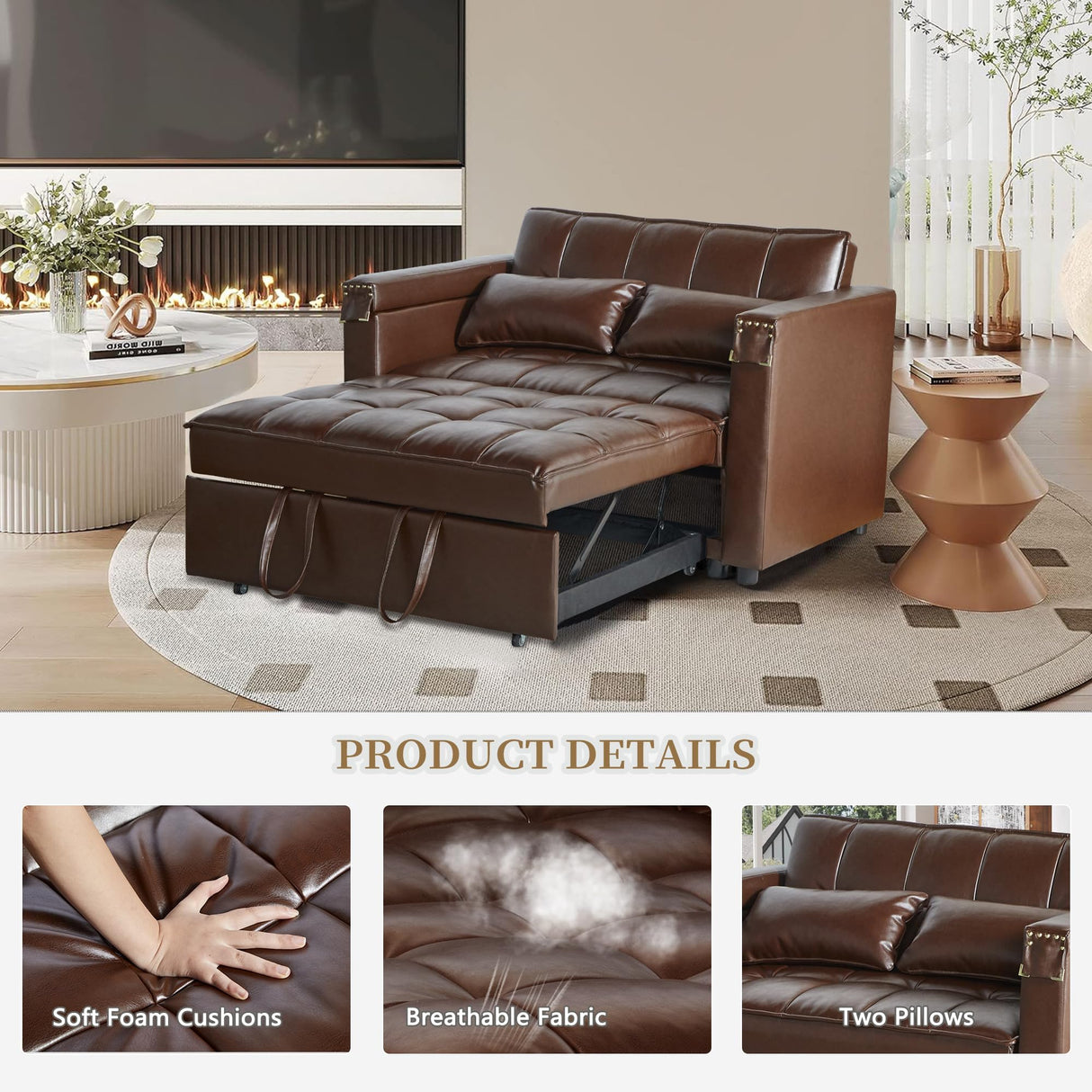 ORRD Convertible Sofa Bed, 3-in-1 Multi-Functional Faux Leather Sleeper Couch Pull-Out Bed, 48'' Loveseat Bed Chaise Lounge with Adjustable Backrest and Hidden Side Table for Living Room, Small Space ORRD
