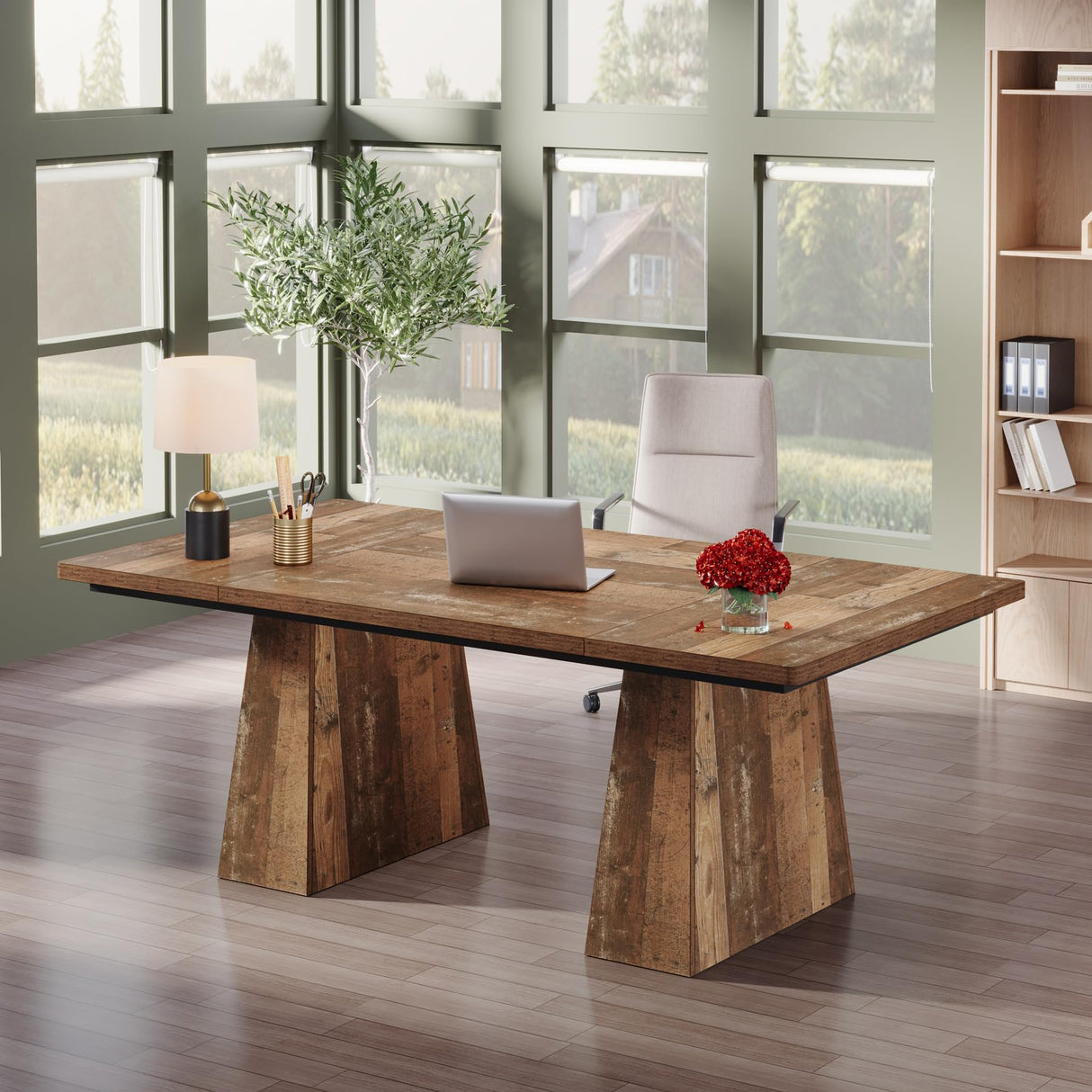 Tribesigns 63-Inch Executive Desk, Large Office Computer Desk with Double Pedestal, Modern Simple Workstations Writing Table Conference Table Business Furniture for Home Office, Espresso Brown Tribesigns