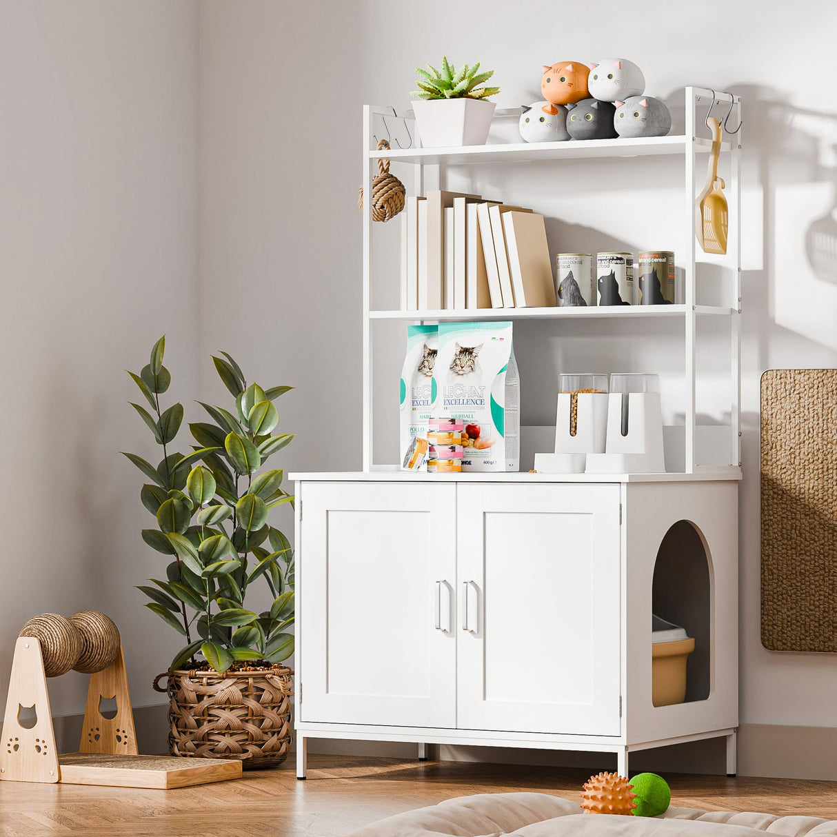 Cozy Castle Litter Box Enclosure, 57'' Cat Litter Box Furniture with Large Cabinet, Shelves and 4 S-Hooks, Hidden Cat House for Most of Litter Boxes, Wooden Pet Washroom Indoor, White Cozy Castle