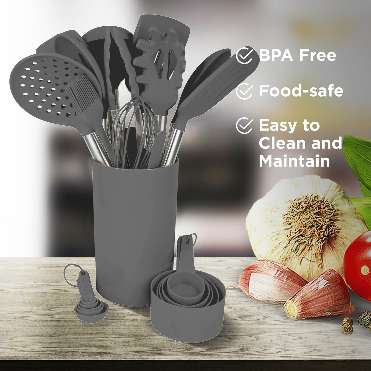 Silicone Kitchen Utensils Set - Culinary Couture 24-Pieces Grey Silicone Cooking Utensils Set for Nonstick Cookware - Silicone Spatulas Set, Stainless Steel Handle & Other Kitchen accessories Culinary Couture