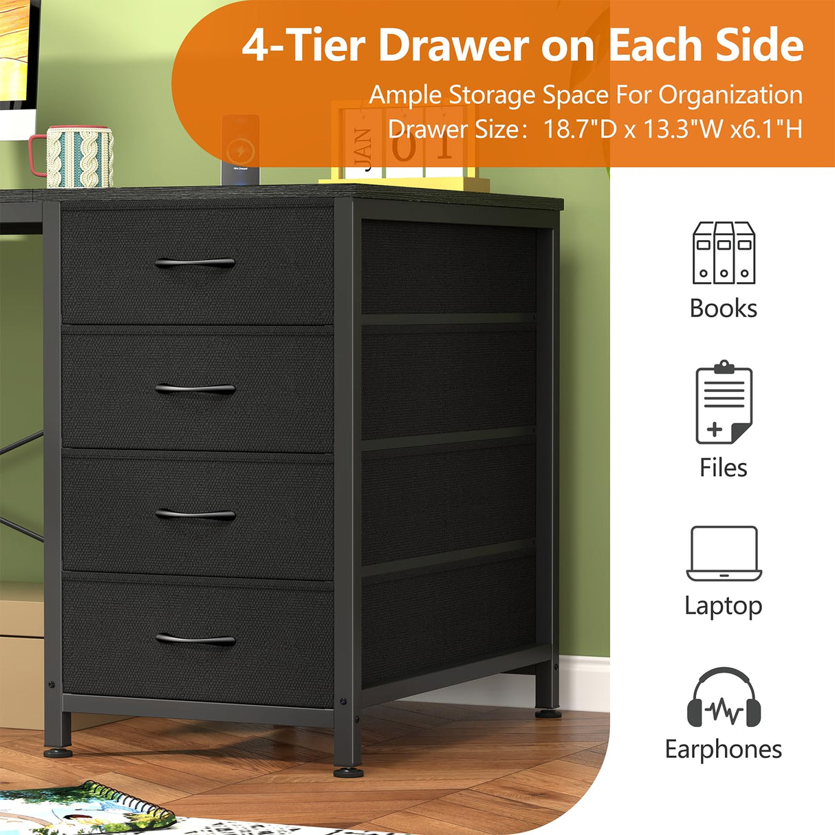 YOMILUVE 60 Inch Computer Desk with 8 Drawers, Home Office Desk with Power Outlets, Work Study Gaming Desk with 8 Fabric Drawers, Black YOMILUVE