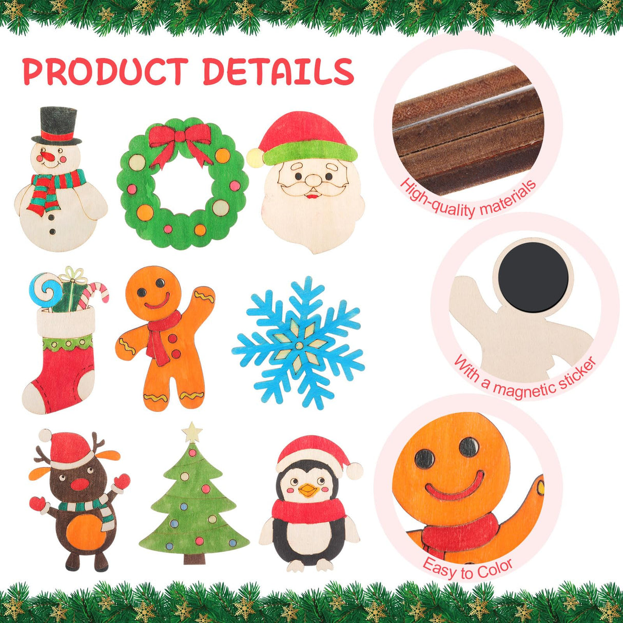 Blueweenly 84 Pcs DIY Wood Christmas Craft Magnets Set for Kids Christmas Day Craft Wooden Ornaments Unfinished Slices in 9 Styles Ornaments to Paint Crafts for Kids Blueweenly