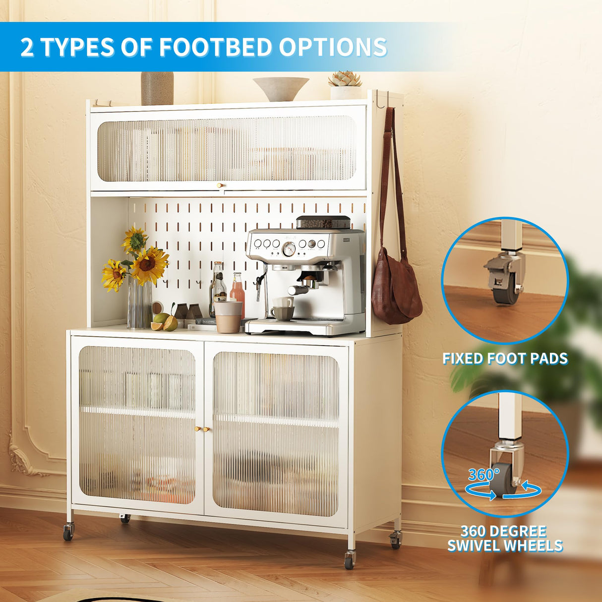 VIYET Kitchen Bakers Rack with Flip Door Cabinet, Metal Microwave Stand with Storage Cabinet and Metal Pegboard Panels for Kitchen, Pantry, Home(White) VIYET