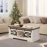 GarveeHome Lift Top Coffee Table, 47.2" Multifunction Coffee Table with Sliding Barn Door, Hidden Storage Compartment, Lifting Table Top and Adjustable Shelf, Farmhouse Rustic Center Dining Table GarveeHome