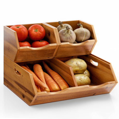 HOLANA Acacia Wood Pantry Storage Bins - Wooden Stackable Baskets - Potato and Onion Storage - Fruit Basket for Pantry Organization - Fruit Bowl for Kitchen Counter - Fruit and Vegetable Storage HOLANA