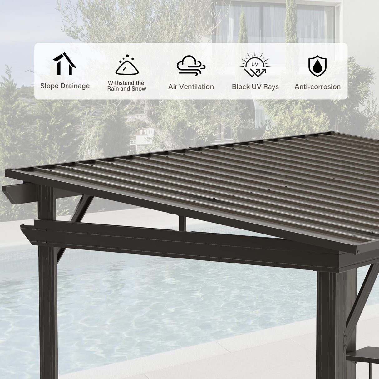 Domi 6.5x12FT Hardtop Grill Gazebo, Outdoor BBQ Gazebo with 2 Side Shelves, Sloping Steel Roof for Permanent Sun Shade with Ceiling Hooks for Patio Deck Yard Garden (Brown) domi outdoor living